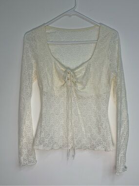 Champion Cream Lace Tie-Front Long Sleeve Top